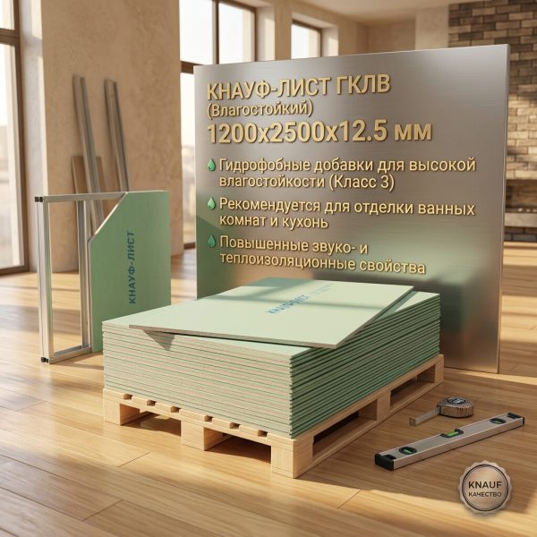 Гипсокартон "KNAUF"  Влагостойкий 1200х2500х12,5мм (шт)