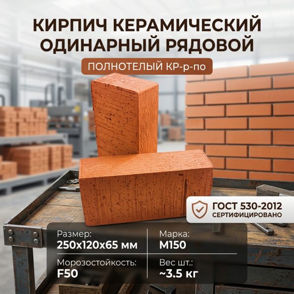 Кирпич керамический одинарный рядовой полнотелый КР р по 250х120х65 (шт)