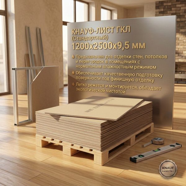 Гипсокартон "KNAUF"  Стандартный 1200х2500х9,5мм (шт)
