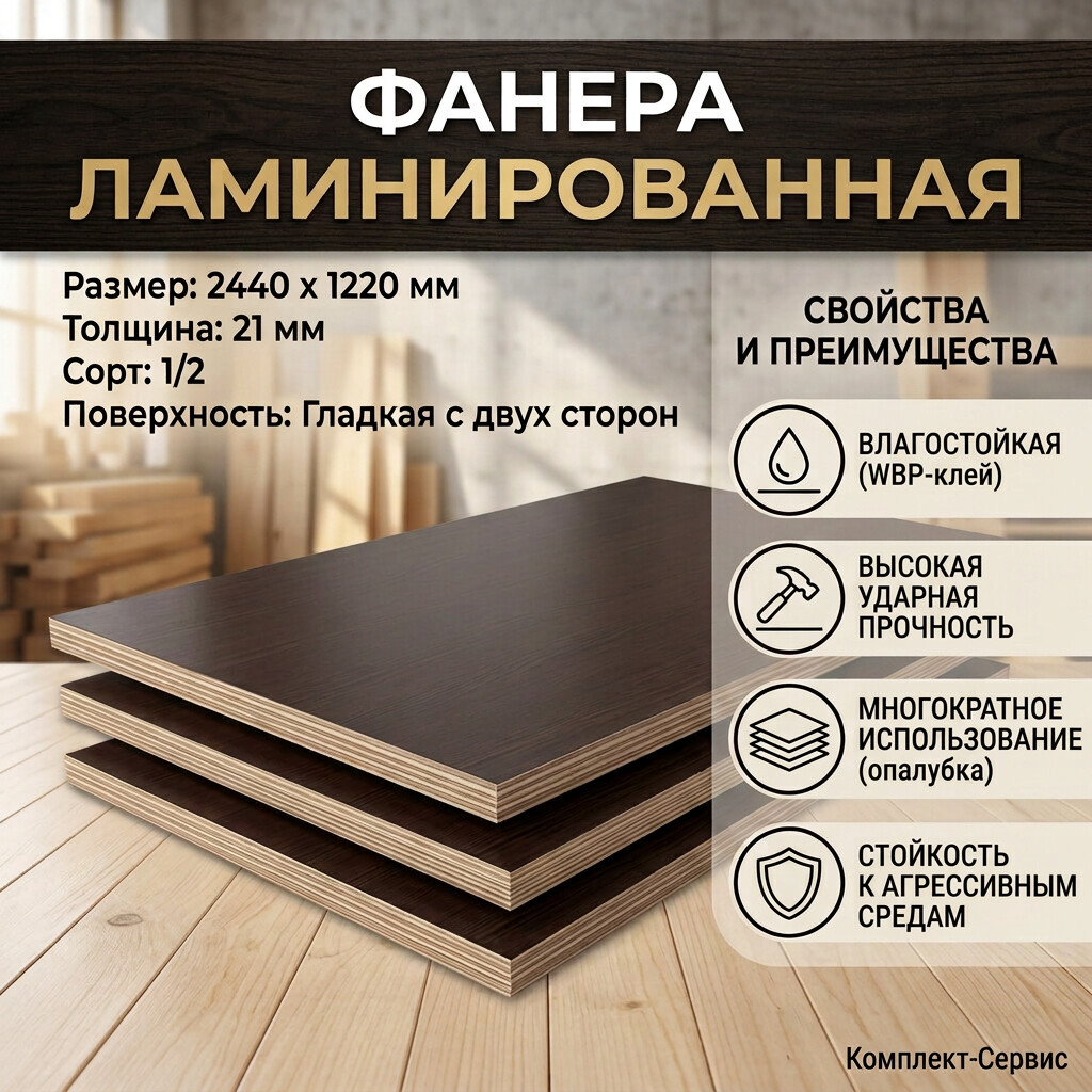 Фанера ламинированная 2440х1220х21мм сорт 1/2 гладкая с двух сторон (шт)