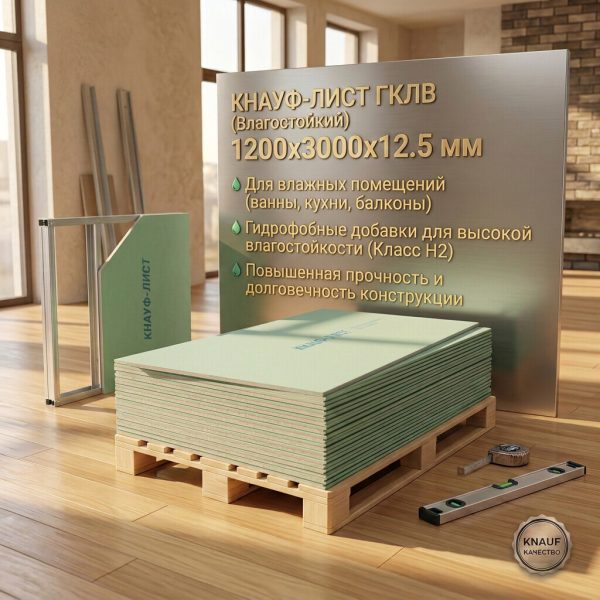 Гипсокартон "KNAUF"  Влагостойкий 1200х3000х12,5мм (шт)