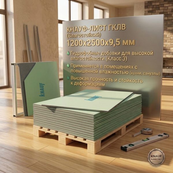 Гипсокартон "KNAUF"  Влагостойкий 1200х2500х9,5мм (шт)