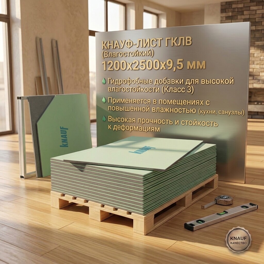 Гипсокартон "KNAUF" Влагостойкий 1200х2500х9,5мм (шт)