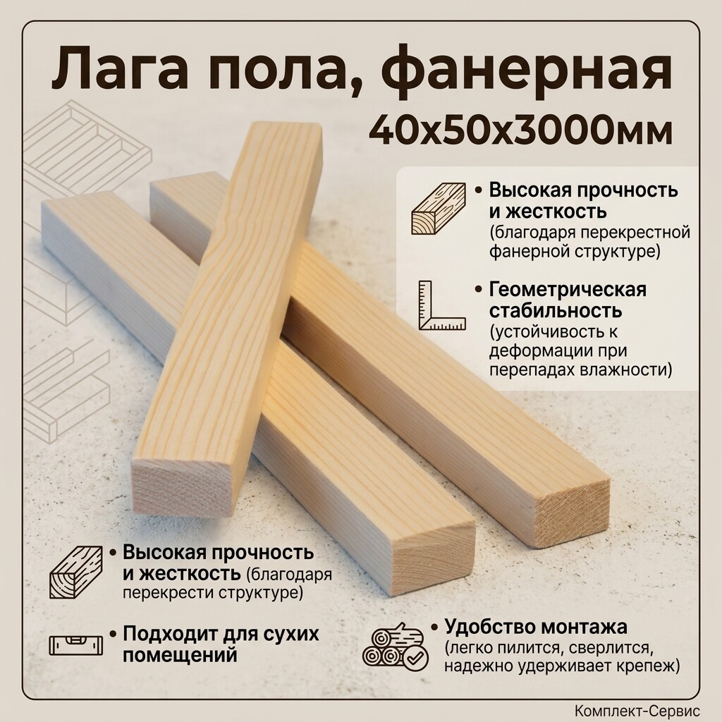Лага пола, фанерная 40х50х3000мм (шт)