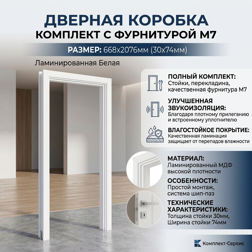 Дверная коробка комплект с фурн М7 668х2076мм (30х74мм) ламинир Белая (шт)