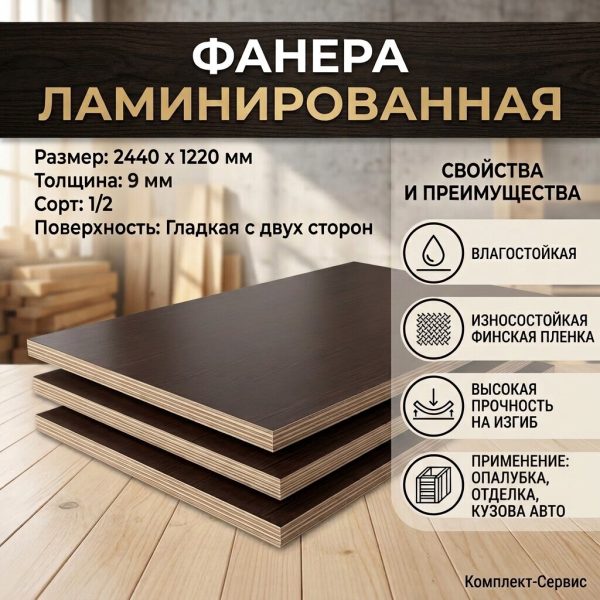 Фанера ламинированная 2440х1220х9мм сорт 1/2 гладкая с двух сторон (шт)