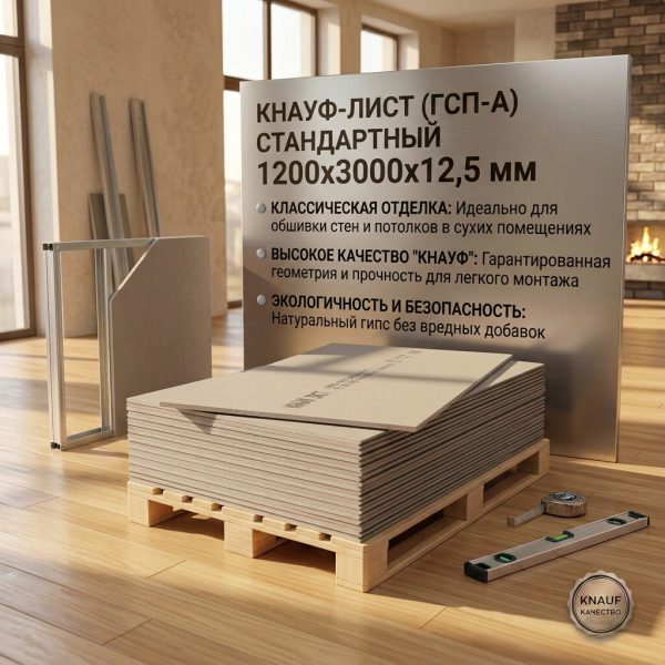 Гипсокартон "KNAUF"  Стандартный 1200х3000х12,5мм (шт)