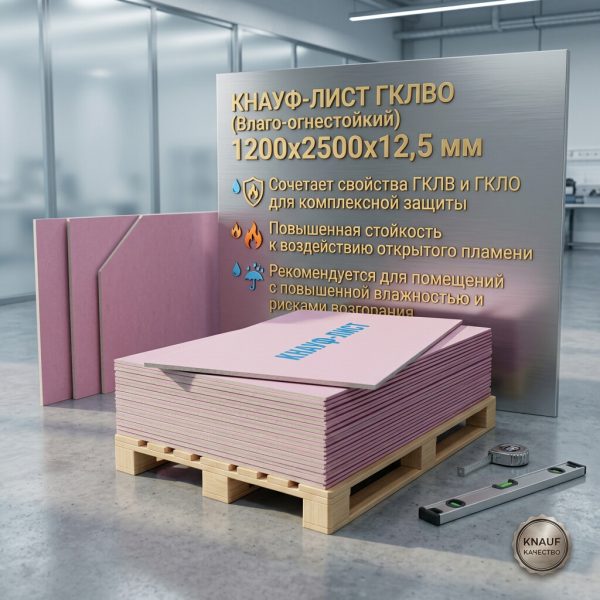 Гипсокартон "KNAUF" Влаго Огнестойкий 1200х2500х12,5мм (шт)